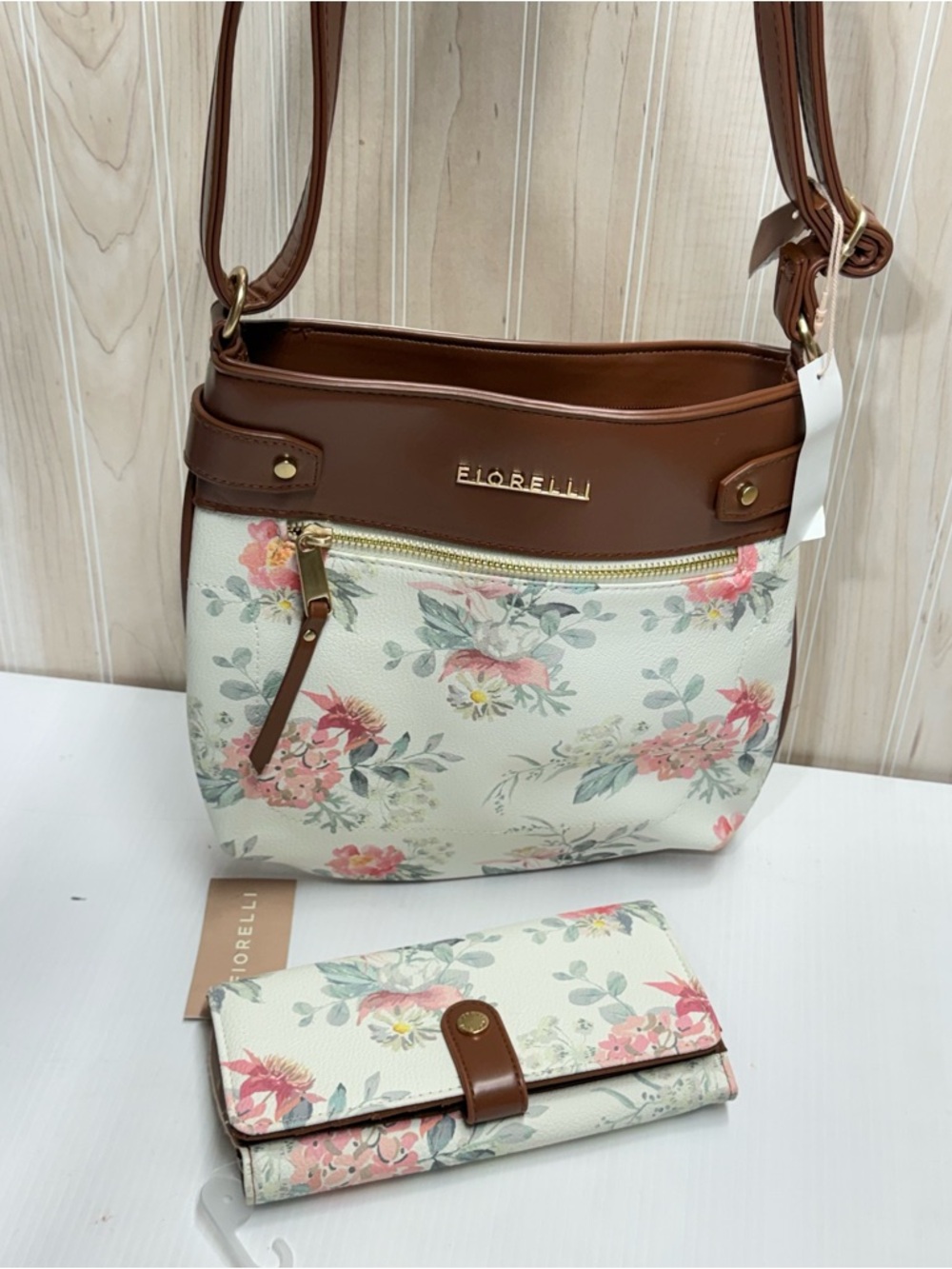 Women's Cream Floral Crossbody Bag with Brown Trim and matching wallet